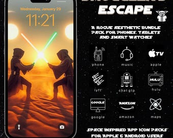 May include: A smartphone screen displays a Star Wars-themed lock screen with two figures wielding lightsabers. The image promotes a "Rogue Aesthetic Bundle Pack" for phones, tablets, and smartwatches, featuring app icons, widgets, and wallpapers.