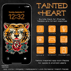 Puede incluir: Una pantalla de teléfono inteligente muestra un diseño de tatuaje de tigre, con la hora 12:32. La imagen también muestra paquetes de iconos de aplicaciones para teléfonos, tabletas y relojes inteligentes, incluyendo iconos para Reloj, iTunes, Póquer, Teléfono, Tinder, Hulu, Google, Amazon e Instagram.