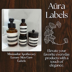 Peut inclure: Quatre flacons en verre brun avec des étiquettes noires et du texte blanc. Les flacons contiennent une variété de produits, dont du savon pour les mains, un tonique facial et une bougie. Le texte sur les étiquettes indique "Aura". Les flacons sont disposés sur une surface en bois. L'image comprend également le texte "Minimalist Apothecary Luxury Skin Care Labels" et "Aüra Labels".