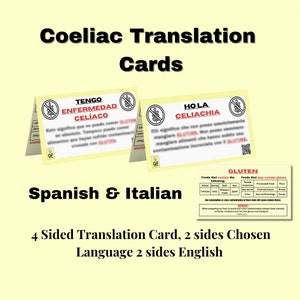 Cartes de traduction de voyage pour la maladie cœliaque, carte d'allergie alimentaire en espagnol et en italien, carte d'alerte médicale en cas de voyage, de restrictions alimentaires, sans gluten