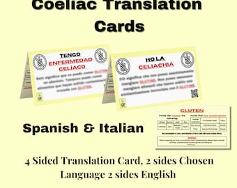Coeliac Disease Travel Translation Cards Spanish&Italian Food allergy card, Medical Alert Card for Travel, Dietary Restrictions, Gluten-Free