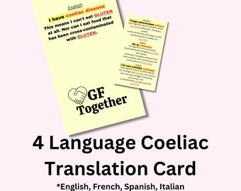 4xLanguage Coeliac Disease Travel Translation Card, Food allergy card, Medical Alert Card for Travel, Dietary Restrictions, Gluten Free