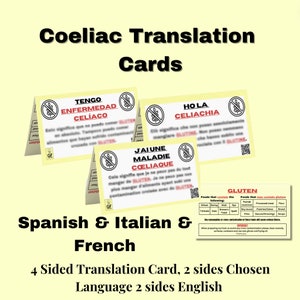 Coeliakie reisvertaalkaarten * Frans, Spaans en Italiaans - Restaurantkaart-Medische waarschuwingskaart voor reizen-Glutenvrije cadeau-ideeën