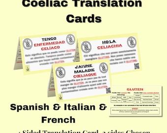 Coeliac Disease Travel Translation Cards * French, Spanish & Italian - Restaurant Card-Medical Alert Card for Travel-Gluten Free Gift Ideas