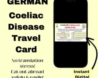GERMAN Coeliac Disease Travel card  *Instant download* - Restaurant Card- Medical Alert Card for Travel- Gluten Free- Gift Idea
