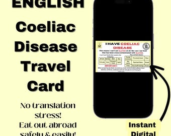 ENGLISH Coeliac Disease Travel card * Instant download*- Restaurant card- medical alert card for travel - Gluten free