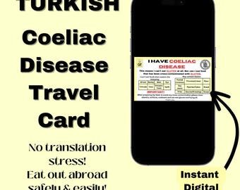 TURKISH Coeliac Disease Travel card *Instant download* - Restaurant Card- Medical Alert Card for Travel- Gluten Free- Gift Idea