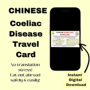 CHINESE coeliakie-reiskaart *Directe download* - Restaurantkaart - medische waarschuwingskaart voor reizen - glutenvrij - cadeau-idee