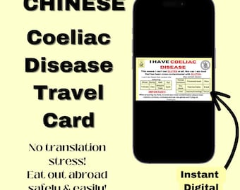 CHINESE Coeliac Disease Travel card *Instant download* - Restaurant Card- Medical Alert Card for Travel- Gluten Free- Gift Idea