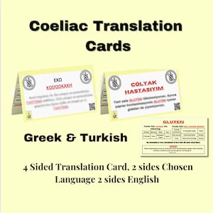 Coeliac Disease Travel Translation Cards Greek& Turkish Food allergy card, Medical Alert Card for Travel, Dietary Restrictions, Gluten-Free