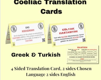 Coeliac Disease Travel Translation Cards Greek& Turkish Food allergy card, Medical Alert Card for Travel, Dietary Restrictions, Gluten-Free