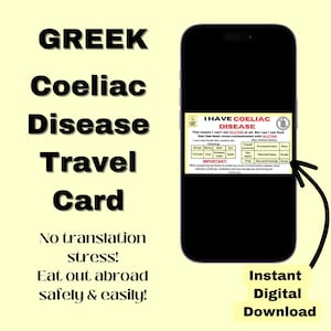 Tarjeta de viaje para celíacos griegos *Descarga instantánea* - Tarjeta de restaurante - Tarjeta de alerta médica para viajes - Sin gluten - Idea de regalo