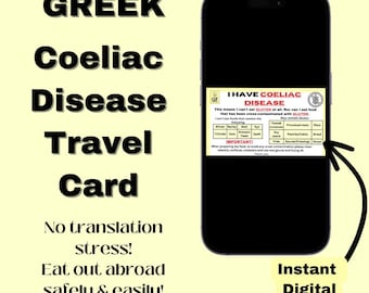 GREEK Coeliac Disease Travel card  *Instant download* - Restaurant Card- Medical Alert Card for Travel- Gluten Free- Gift Idea