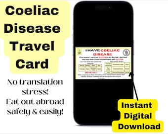 ENGLISH Coeliac Disease Travel card * Instant download*- Restaurant card- medical alert card for travel - Gluten free