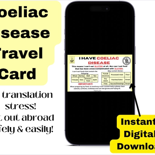 ENGLISH Coeliac Disease Travel card * Instant download*- Restaurant card- medical alert card for travel - Gluten free