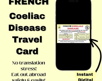FRENCH Coeliac Disease Travel card *Instant download* - Restaurant Card- Medical Alert Card for Travel- Gluten Free- Gift Idea