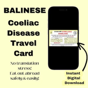 BALINESE Coeliac Disease Travel card  *Instant download* - Restaurant Card- Medical Alert Card for Travel- Gluten Free- Gift Idea