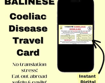 BALINESE Coeliac Disease Travel card  *Instant download* - Restaurant Card- Medical Alert Card for Travel- Gluten Free- Gift Idea