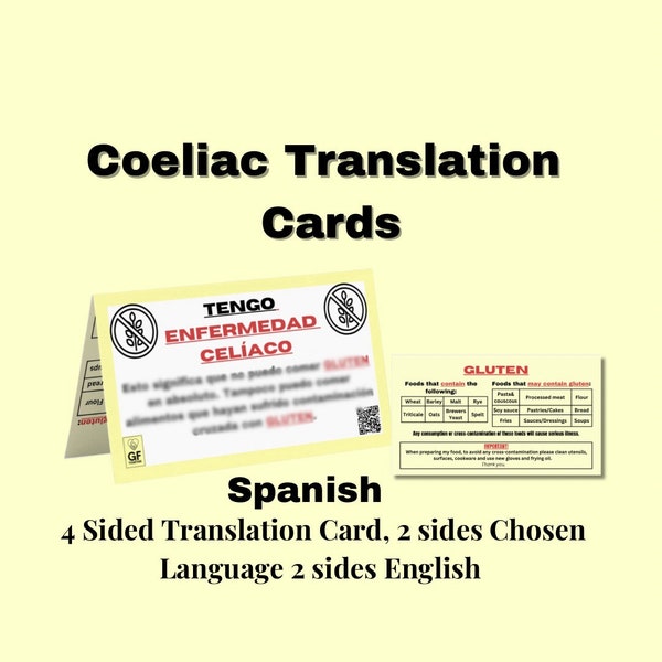 SPANISH Coeliac Disease Travel Translation Cards, Food allergy card, Medical alert card, Dietary restriction cards, Gluten-free