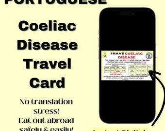PORTUGUESE Coeliac Disease Travel card *Instant download* - Restaurant Card- Medical Alert Card for Travel- Gluten Free- Gift Idea