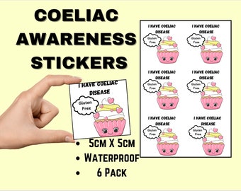 Coeliac Disease Awareness Stickers (6), No gluten allowed, Coeliac Warrior, Alert Warning Sticker, Lunchbox/Waterbottle Stickers for Kids
