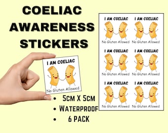 Coeliac Disease Awareness Stickers (6), No gluten allowed, Coeliac Warrior, Alert Warning Sticker, Lunchbox/Waterbottle Stickers for Kids