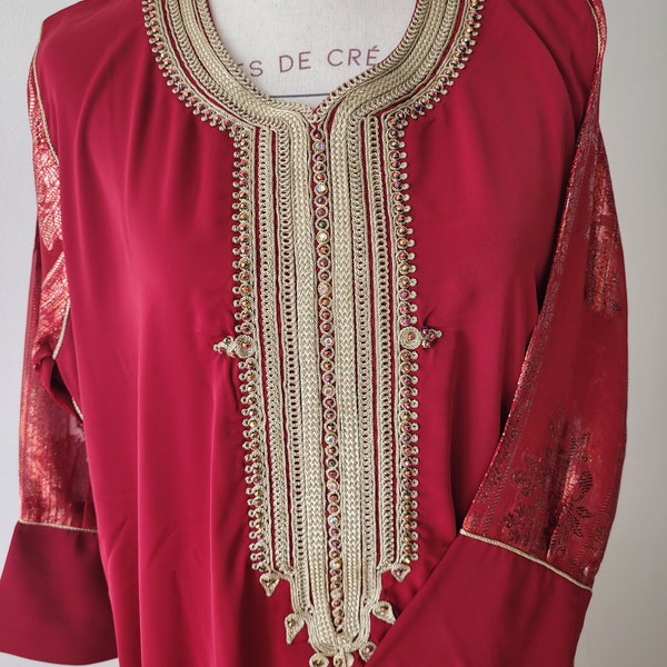 Caftan marocain en crepe de soie, Gandoura moderne, caftan traditionnel, caftan Ramadan, Aid, mariage