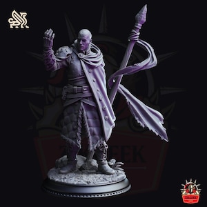 May include: A detailed, purple-toned figurine of a bald character in armor, holding a spear with a flowing banner. The figure is standing on a circular base. The image has the text "ZIKGEEK" in the background.