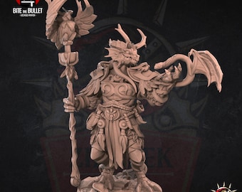 May include: A detailed miniature figurine of a dragon-like creature with a staff and a snake. The creature is wearing armor and has a feathered headdress. The figurine is painted in a light brown color.