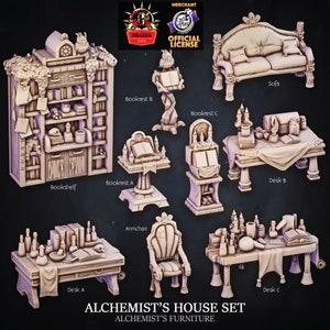 May include: A set of miniature furniture for tabletop role-playing games, featuring a bookshelf, a sofa, a desk, an armchair, and bookrests. The furniture is painted in a light brown color and has a detailed design.