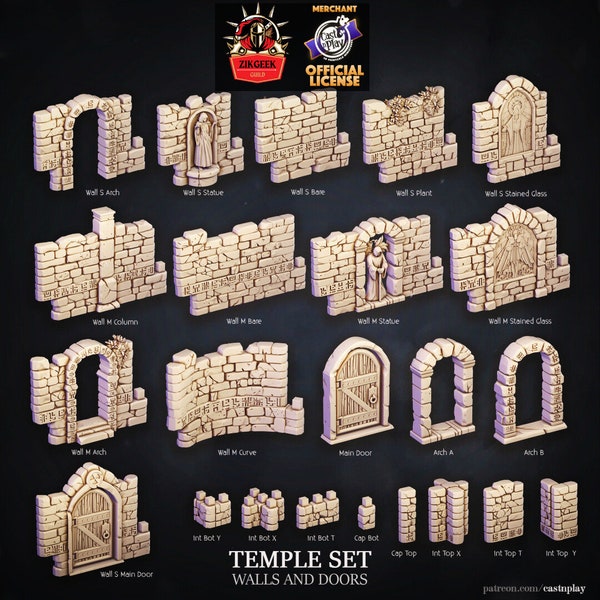 Temple Walls, Doors Terrain Set, DnD Miniatures Hero Quest RPG Tabletop Game, Dungeons and Dragons, Painting Mini, High Detail Diorama 32 mm
