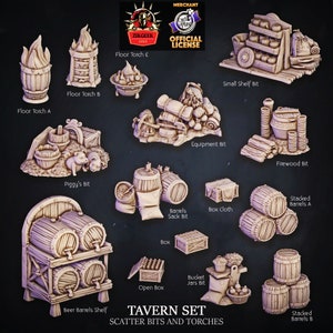 May include: A set of 14 miniature wooden tavern props, including barrels, shelves, torches, and a piggy bank. The set is designed for tabletop role-playing games and includes a variety of items that can be used to create a tavern scene.