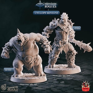 Könnte beinhalten: Zwei Cyclops Minions Figuren aus der Nightdagger Rogues Kollektion. Einer ballt die Fäuste, der andere ist bereit zum Zuschlagen. Die Figuren sind etwa 6,7 cm und 7,5 cm hoch. Die Sockel haben einen Durchmesser von etwa 5 cm.