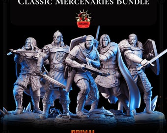 Mercenaries Bundle 5 DnD Miniatures Barbarian, Fighter, Warrior, Ranger, Classic RPG Tabletop Game, Dragon Blade, Critical Role, 5e