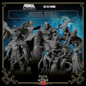Peut inclure: Ensemble de figurines miniatures grises représentant des monstres et créatures fantastiques. Ces figurines font partie du "Minions Bundle", avec le logo "Primal Collectibles". Les figurines mesurent 28/32/38mm.