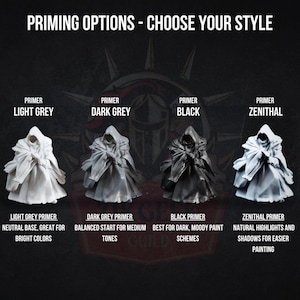 May include: A comparison chart titled PRIMING OPTIONS - CHOOSE YOUR STYLE featuring four identical hooded miniature figures primed in light grey, dark grey, black, and zenithal. Each figure includes descriptive text explaining the priming effect.