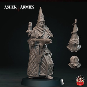 Può includere: Una dettagliata miniatura grigia di un personaggio della serie "Ashen Armies". La figura indossa una lunga veste trapuntata e un cappello a punta con una croce. Tiene in mano un'arma futuristica. Sono presenti componenti aggiuntivi.
