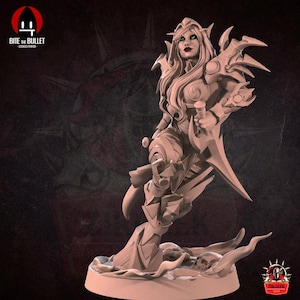 May include: A monochromatic, light brown resin miniature figurine of a female warrior with long hair, pointed ears, and ornate armor. The figure stands in a dynamic pose, holding a dagger, with a base featuring sculpted skulls and swirling smoke.