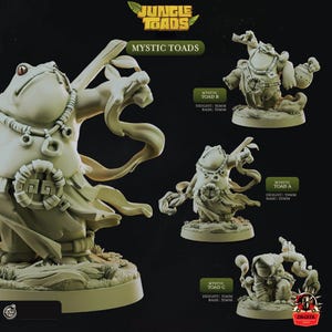 May include: A selection of Mystic Toads figurines. The image shows four detailed, off-white resin figures of anthropomorphic toads in different poses. The text "Jungle Toads" and "Mystic Toads" is visible. The height of the figures ranges from 3.1cm to 3.9cm.