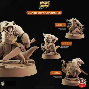 Può includere: Immagine promozionale delle statuette Lizard Town Guardsmen. L'immagine presenta diverse figure umanoidi simili a lucertole in varie pose, ciascuna dotata di armi e armature. Le statuette sono esposte con testo che indica i loro nomi, altezza (20 mm o 29 mm) e dimensioni della base (25 mm o 30 mm).