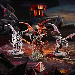 May include: Three miniature figures from a fantasy tabletop game, "Demon's Gate". The figures are painted in a variety of colours, including red, black, and white. The figures are standing on circular bases.
