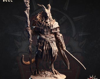 May include: A detailed, beige-colored figurine of a humanoid creature with a horned head, holding a staff and a sword. The figure has avian-like feet and is standing on a round base. The figurine has intricate armor and clothing details.