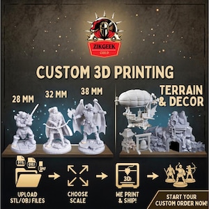 May include: An advertisement for custom 3D printing services. The image displays miniature figurines in 28mm, 32mm, and 38mm scales, alongside terrain and decor examples. The process involves uploading files, choosing a scale, and printing.