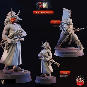Può includere: Tre figurine grigie di Katana Oni. La figura più grande è in piedi, tiene due spade e indossa una maschera rossa. Le altre due figure sono in pose diverse. Il testo "KATANA ONI" è visualizzato sopra le figurine. Il testo "AGE THE ONI" è visualizzato in alto.
