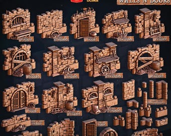 Dungeon Walls & Doors Terrain Set: 28/32/38mm Fantasy RPG Mini for DnD, TTRPG