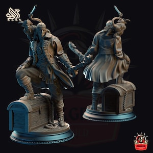 Water Genasi Pirate Scoundrel Miniature with Monkey – 28mm 32mm 38mm Resin Bandit Rogue Figure for Fantasy TTRPG & Tabletop RPG, GM Gift
