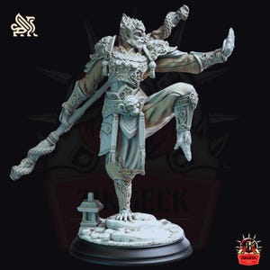 May include: A detailed, hand-painted figurine of a monkey warrior in a dynamic pose, holding a staff with a snake head. The figurine is painted in shades of gray and gold, with intricate details on the armor and clothing. The monkey warrior is standing on a rocky base with a small lantern.