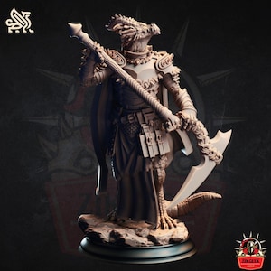 May include: A detailed figurine of a dragon-like humanoid warrior, holding a large, curved blade and a staff. The figure is clad in armour and a cape, standing on a rocky base. The colour is a muted brown.