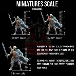 May include: Three grey unpainted humanoid miniature figurines in hooded cloaks, each holding a sword. The image displays 28mm, 32mm, and 38mm scales with vertical rulers. Text includes MINIATURES SCALE, HUMANOIDS, and notes on scale variations.