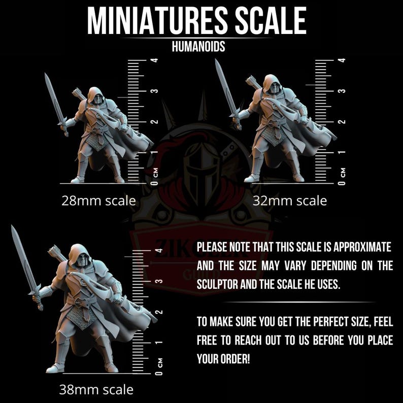 May include: Three grey unpainted humanoid miniature figurines in hooded cloaks, each holding a sword. The image displays 28mm, 32mm, and 38mm scales with vertical rulers. Text includes MINIATURES SCALE, HUMANOIDS, and notes on scale variations.
